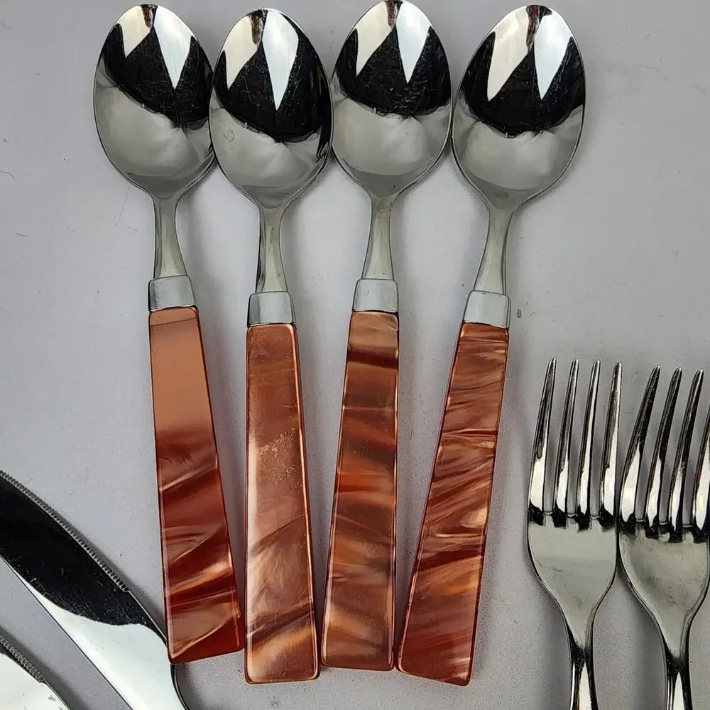 Inox 18/10 Italy Orange Swirl Acrylic Handle Modern Sleek Flatware 19pc